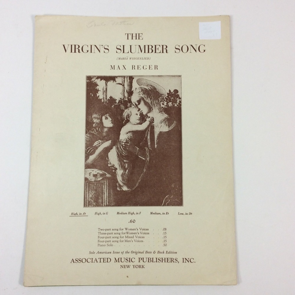 The Virgin's Slumber Song Max Reger 1912 VTG Christian Sheet Music‎